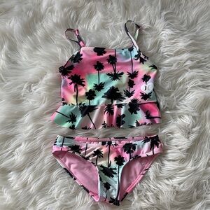 Hurley Kids Bikini Set in Pink and Green with Palm Design